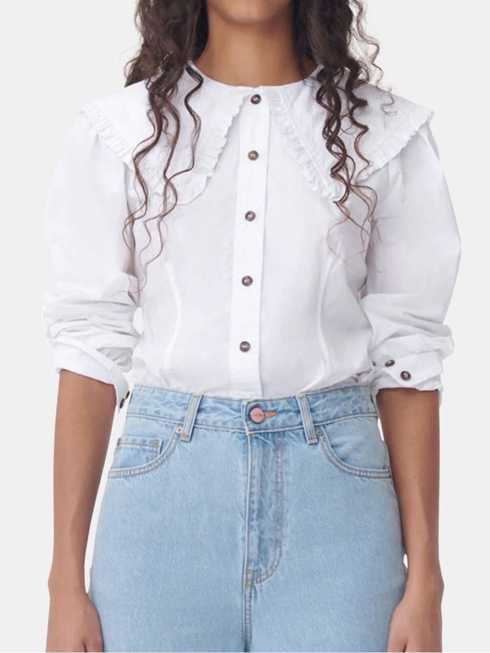 Ganni Frill Collar Poplin Shirt Size 32 NWT Bright White